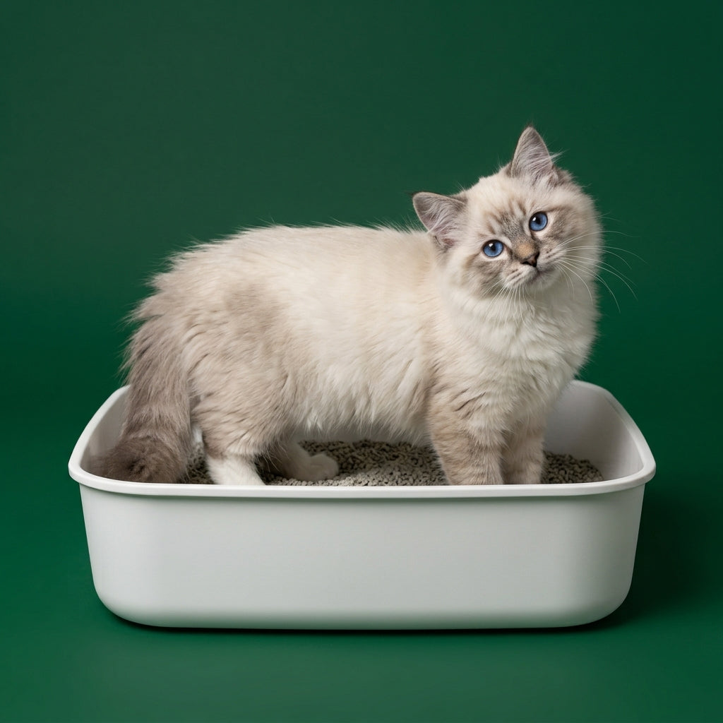 Cat standing in a clean litter box