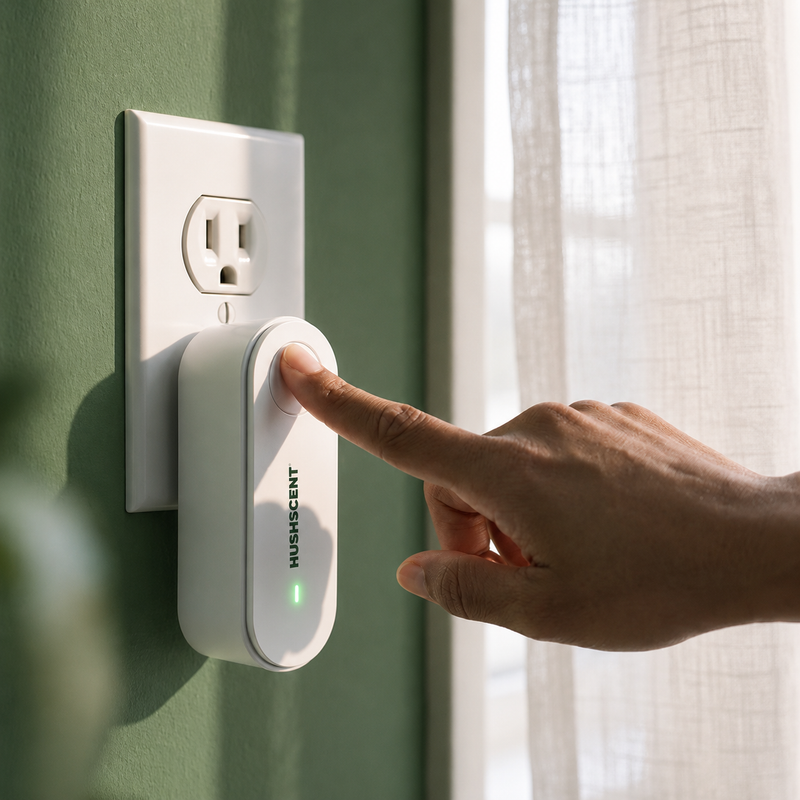 Finger pressing the power button on HushScent Pro